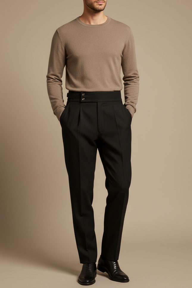 Pantalon À Pince Noir Taille Haute Plissé Droit Homme - Gabardine