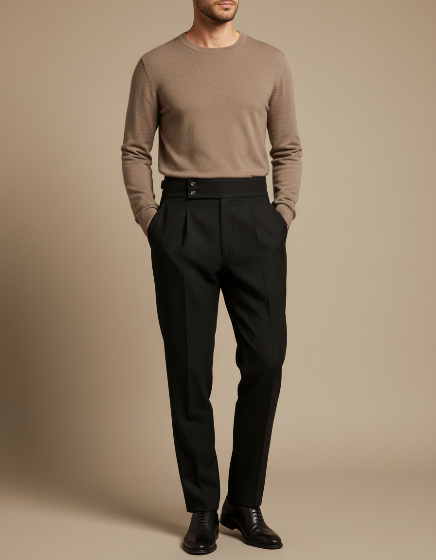 Pantalon À Pince Noir Taille Haute Plissé Droit Homme - Gabardine
