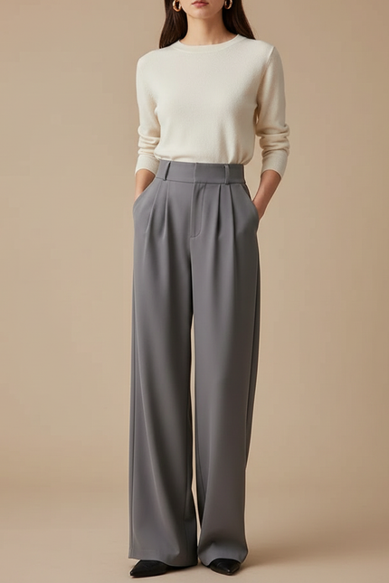 Pantalon À Pince Gris Fluide Taille Haute Élégant - Polyester