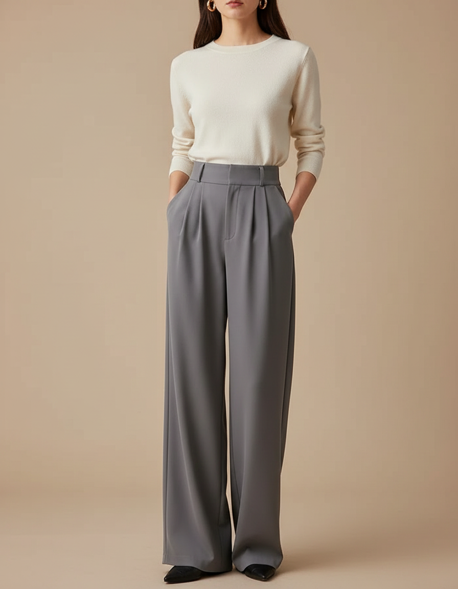 Pantalon À Pince Gris Fluide Taille Haute Élégant - Polyester