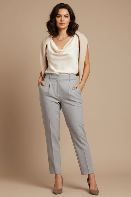 Pantalon À Pince Gris Taille Haute Élégant Décontracté - Gabardine