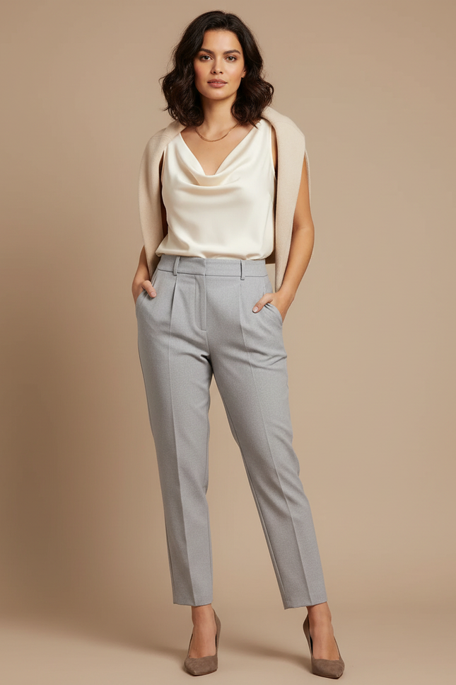 Pantalon À Pince Gris Taille Haute Élégant Décontracté - Gabardine