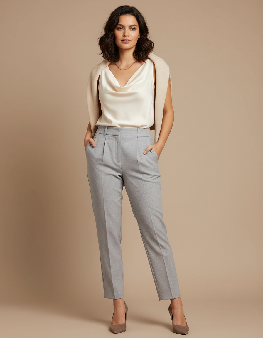 Pantalon À Pince Gris Taille Haute Élégant Décontracté - Gabardine