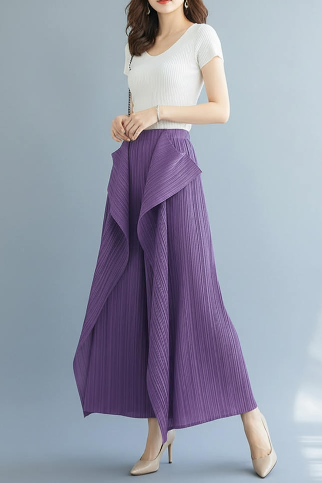 Pantalon À Pince Violet Plissé Fluide Irrégulier Femme - Polyester