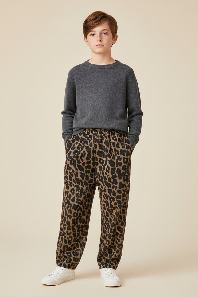 Pantalon À Pince Léopard Ample Enfant Coton Molletonné - Imprimé