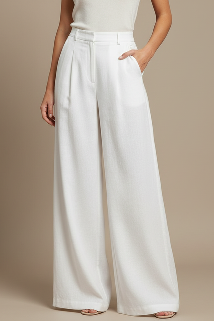 Pantalon À Pince Blanc Fluide Ample Taille Haute Élégant - Viscose