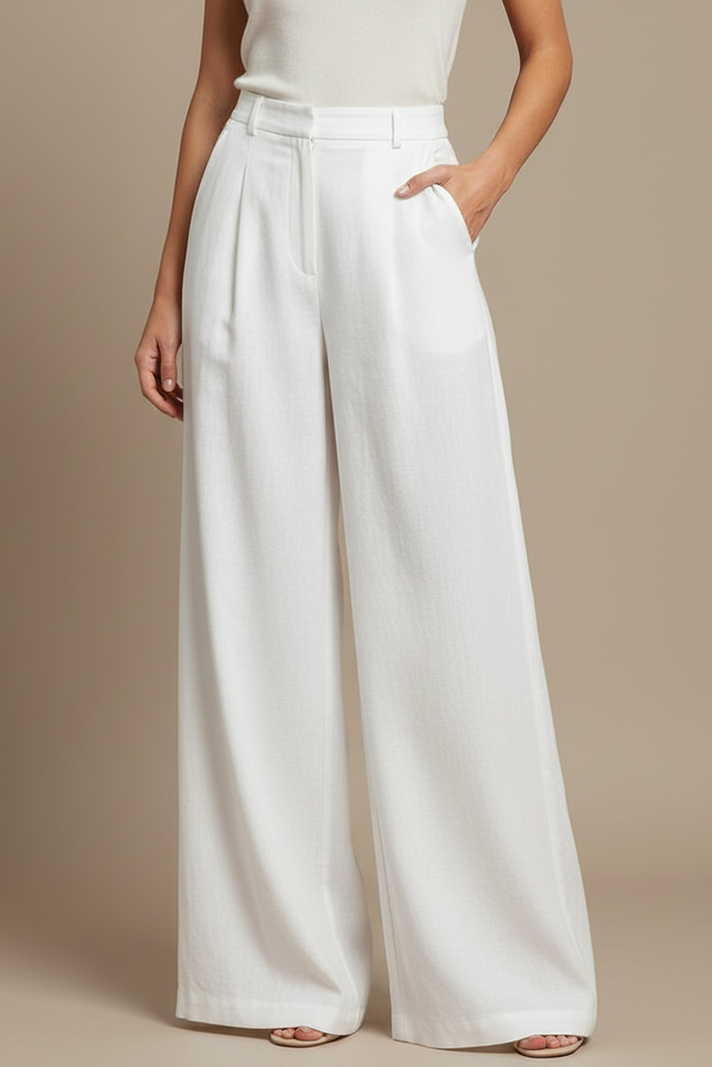 Pantalon À Pince Blanc Fluide Ample Taille Haute Élégant - Viscose
