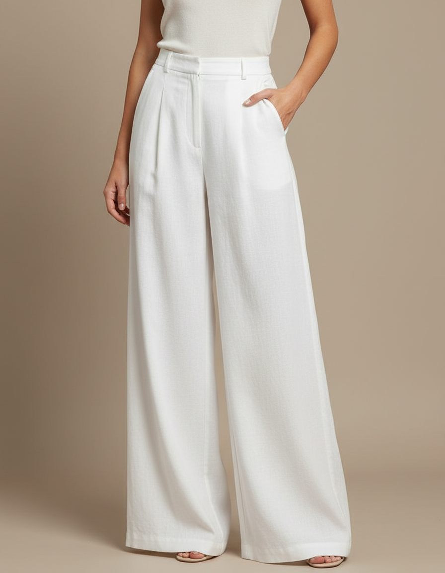 Pantalon À Pince Blanc Fluide Ample Taille Haute Élégant - Viscose
