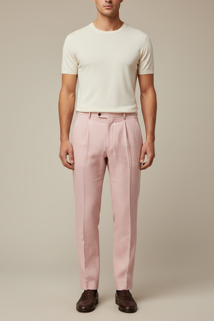 Pantalon À Pince Rose Plissé Élégant Décontracté Homme - Lin