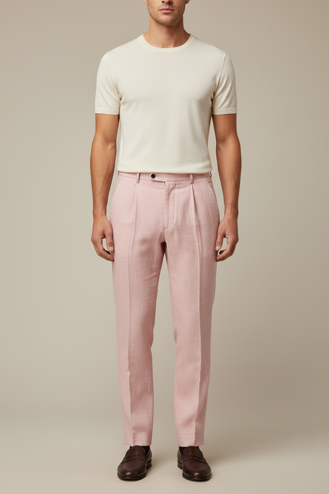 Pantalon À Pince Rose Plissé Élégant Décontracté Homme - Lin