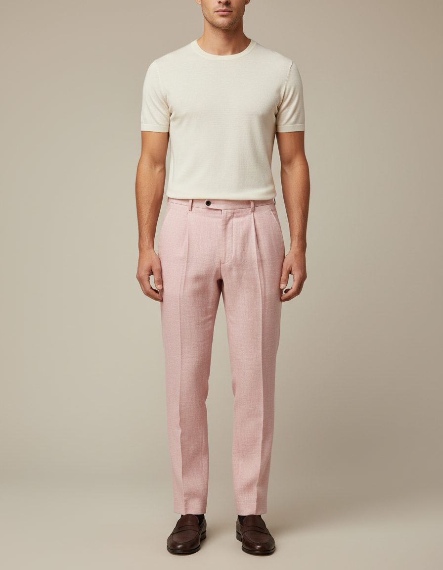 Pantalon À Pince Rose Plissé Élégant Décontracté Homme - Lin