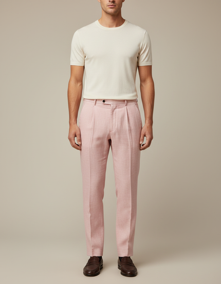 Pantalon À Pince Rose Plissé Élégant Décontracté Homme - Lin