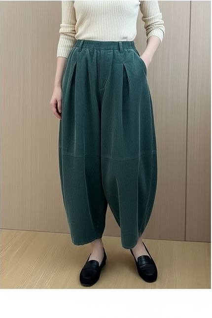 Pantalon À Pince Vert Côtelé Ample Décontracté Femme - Cordé