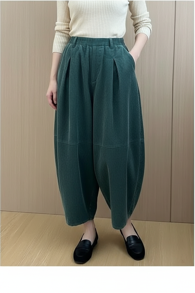 Pantalon À Pince Vert Côtelé Ample Décontracté Femme - Cordé