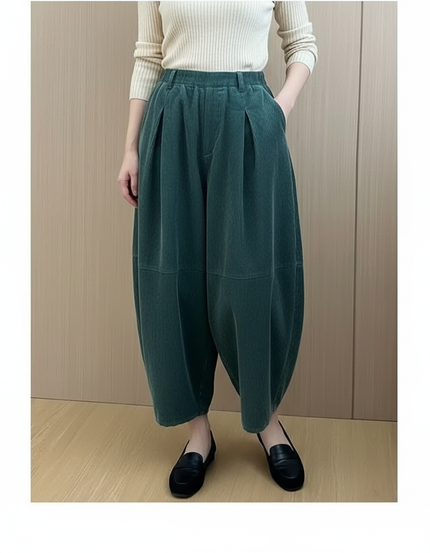 Pantalon À Pince Vert Côtelé Ample Décontracté Femme - Cordé