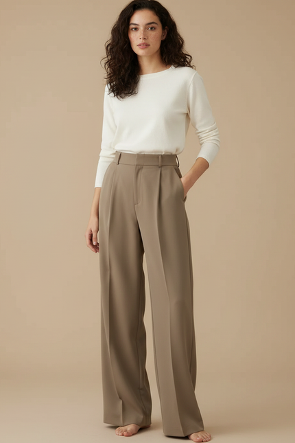 Pantalon À Pince Kaki Droit Fluide Élégant Femme - Polyester