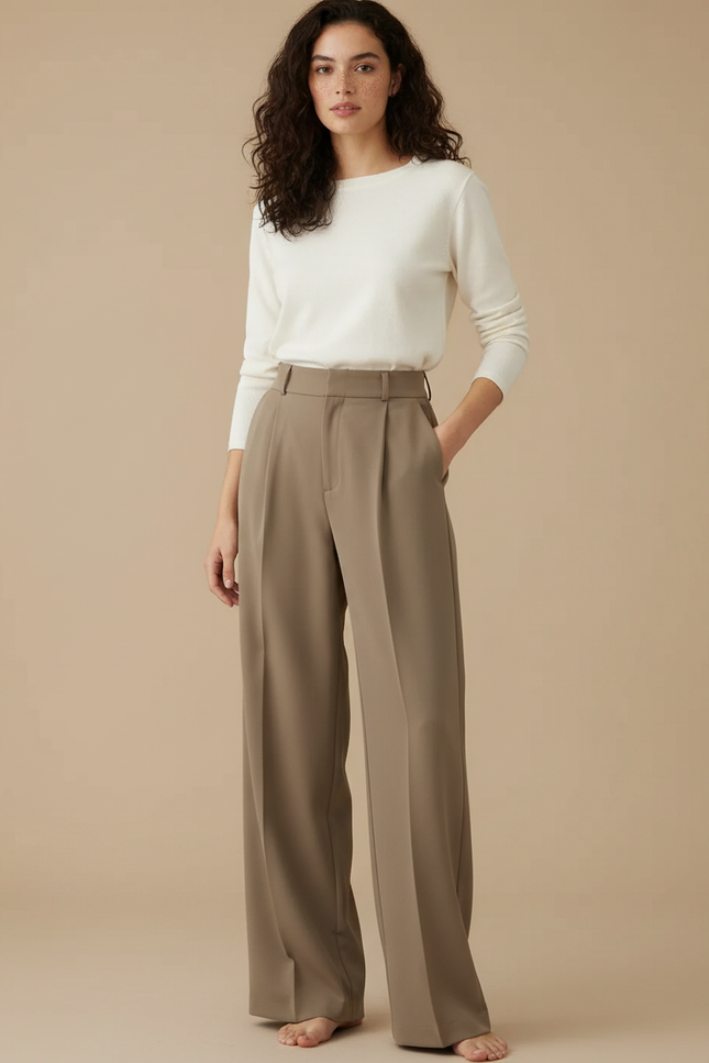 Pantalon À Pince Kaki Droit Fluide Élégant Femme - Polyester