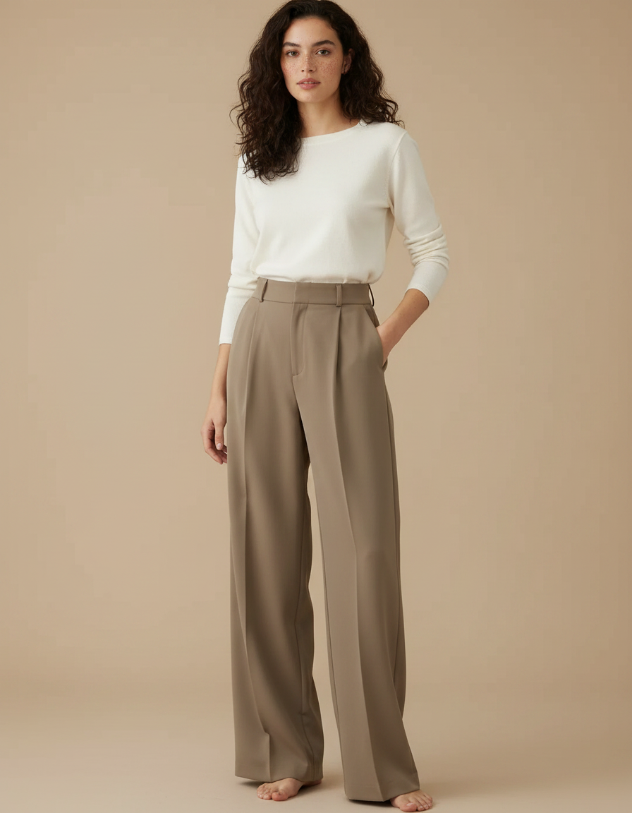 Pantalon À Pince Kaki Droit Fluide Élégant Femme - Polyester