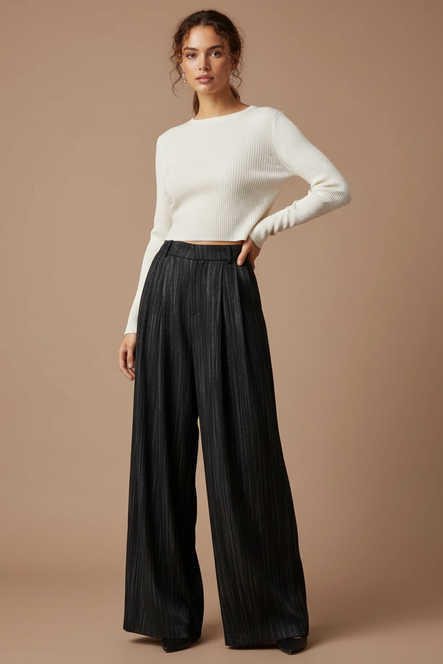 Pantalon À Pince Noir Rayé Ample Fluide Femme - Polyester