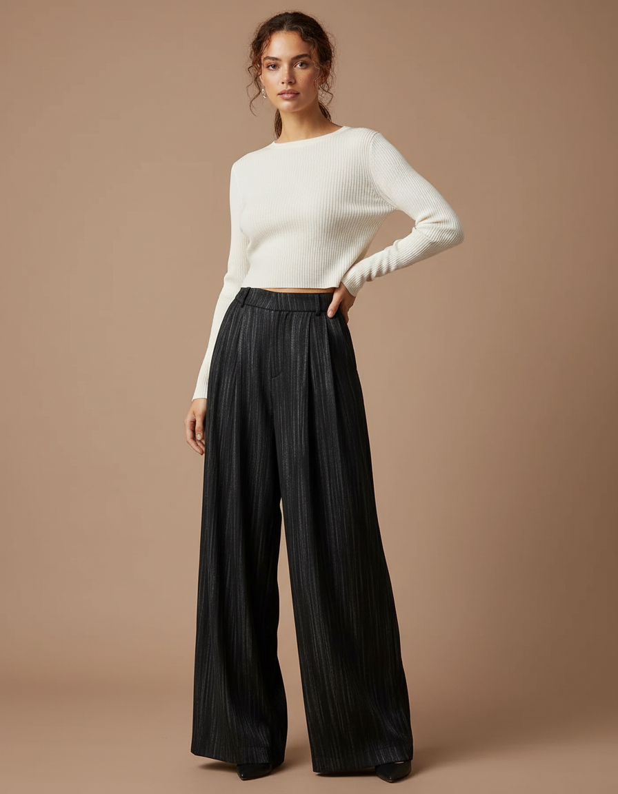 Pantalon À Pince Noir Rayé Ample Fluide Femme - Polyester