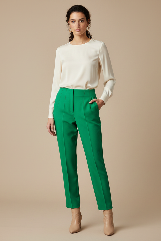 Pantalon À Pince Vert Émeraude Élégant Taille Haute Femme - Gabardine