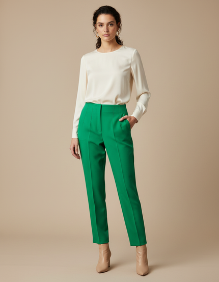 Pantalon À Pince Vert Émeraude Élégant Taille Haute Femme - Gabardine