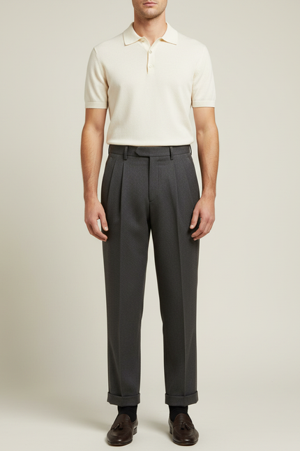 Pantalon À Pince Gris Plissé Droit Décontracté Homme - Gabardine