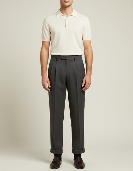 Pantalon À Pince Gris Plissé Droit Décontracté Homme - Gabardine