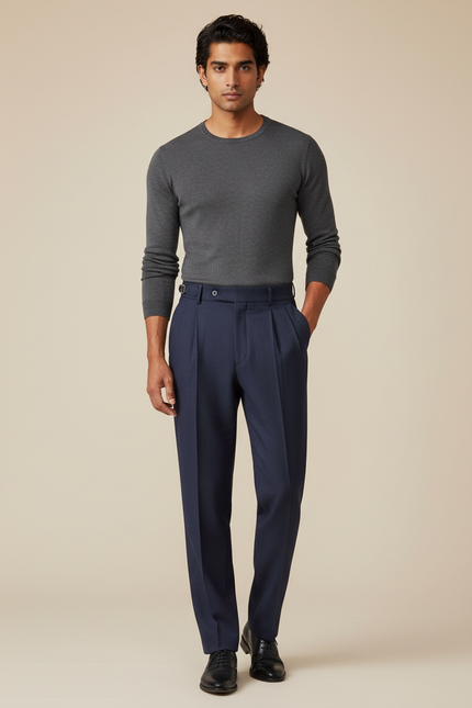 Pantalon À Pince Bleu Marine Plissé Élégant Droit Homme - Laine
