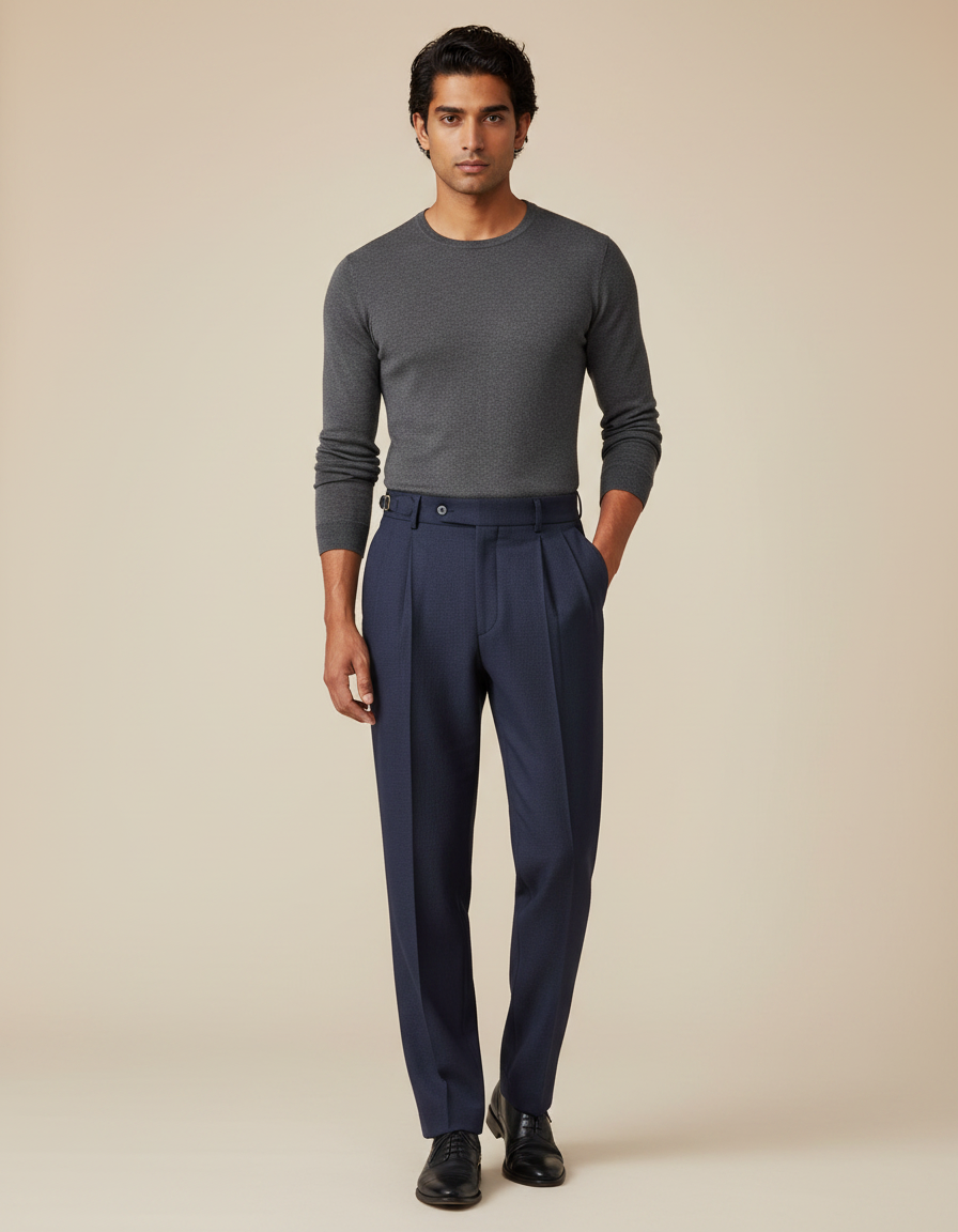 Pantalon À Pince Bleu Marine Plissé Élégant Droit Homme - Laine