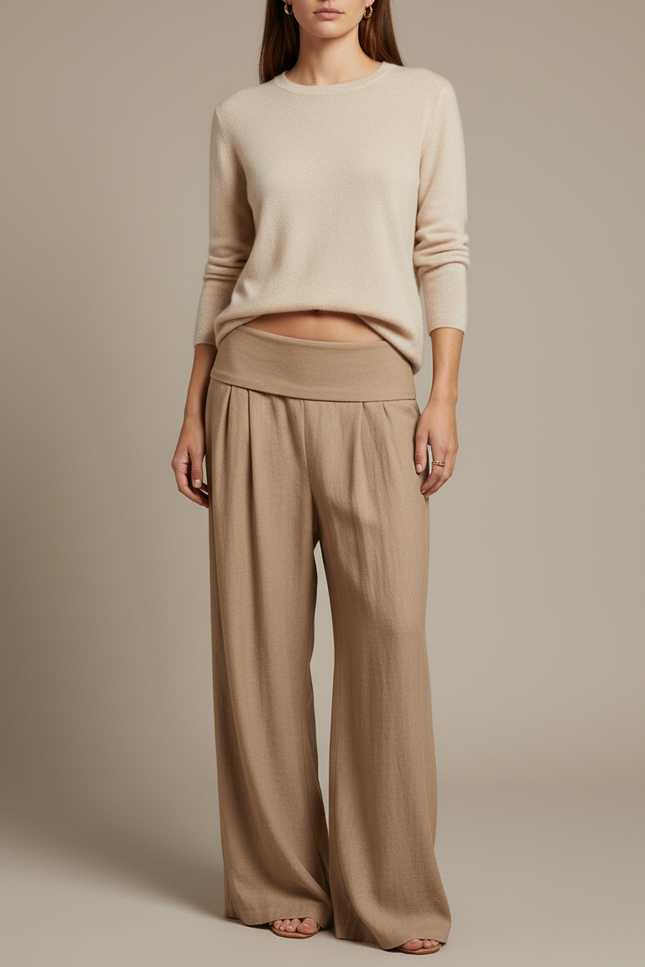 Pantalon À Pince Beige Ample Fluide Décontracté Plissé - Viscose