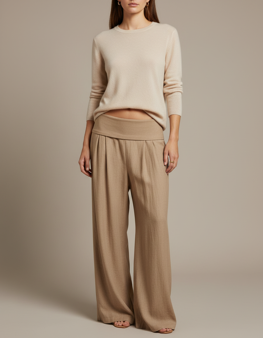 Pantalon À Pince Beige Ample Fluide Décontracté Plissé - Viscose
