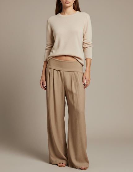 Pantalon À Pince Beige Ample Fluide Décontracté Plissé - Viscose