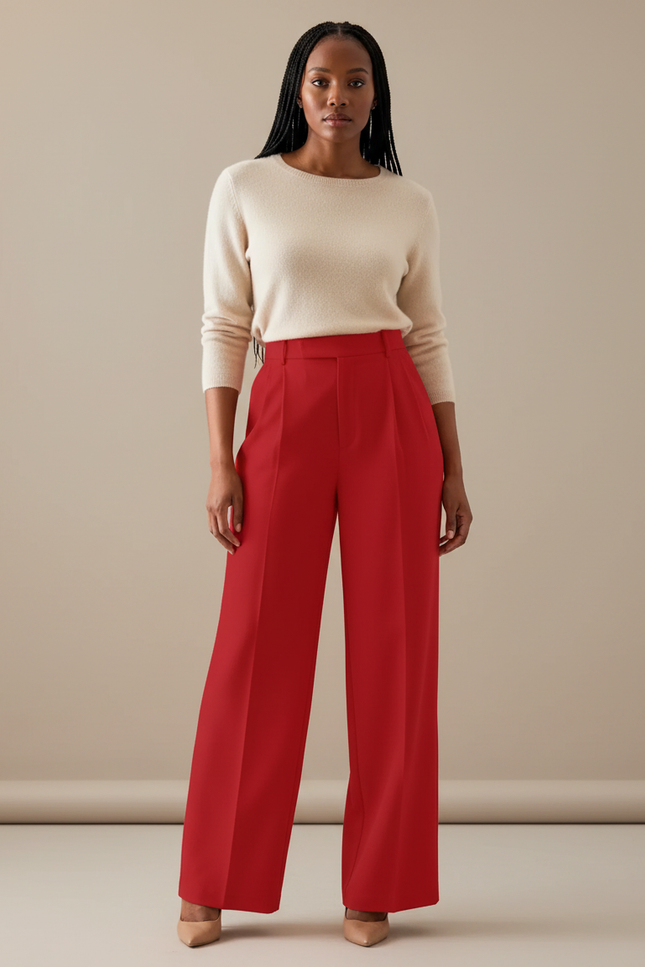 Pantalon À Pince Rouge Droit Fluide Élégant Femme - Viscose