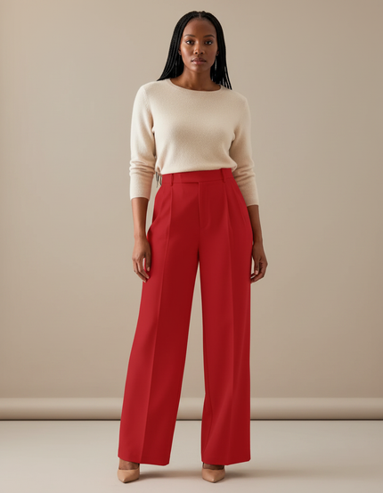 Pantalon À Pince Rouge Droit Fluide Élégant Femme - Viscose