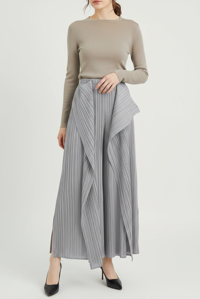 Pantalon À Pince Plissé Gris Irrégulier Large Élégant - Polyester