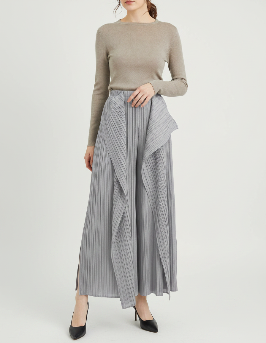 Pantalon À Pince Plissé Gris Irrégulier Large Élégant - Polyester