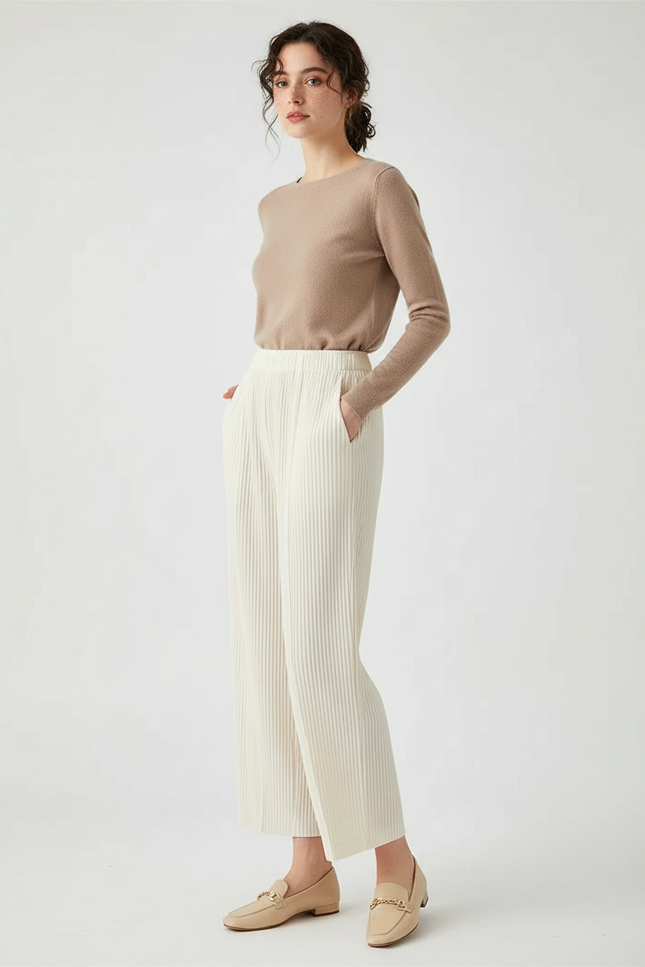 Pantalon À Pince Plissé Ample Fluide Crème Femme - Beige Maille