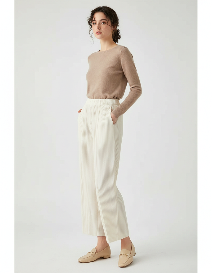 Pantalon À Pince Plissé Ample Fluide Crème Femme - Beige Maille