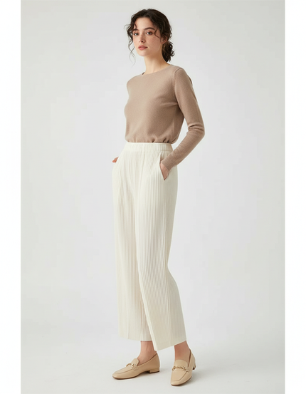 Pantalon À Pince Plissé Ample Fluide Crème Femme - Beige Maille