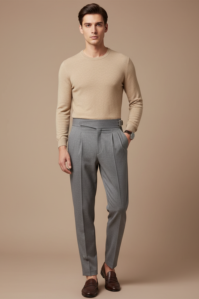 Pantalon À Pince Gris Plissé Ceinturé Élégant Homme - Laine