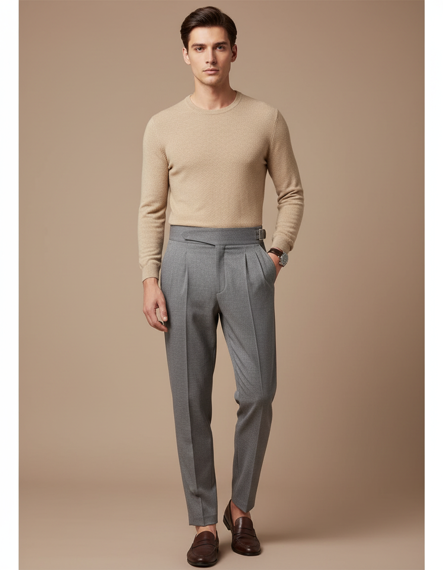 Pantalon À Pince Gris Plissé Ceinturé Élégant Homme - Laine