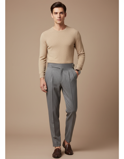 Pantalon À Pince Gris Plissé Ceinturé Élégant Homme - Laine