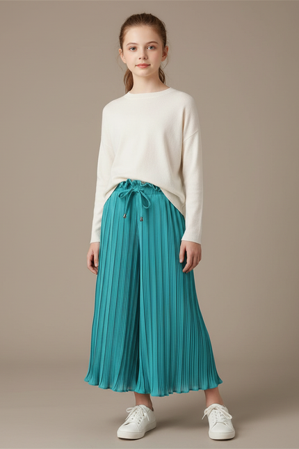 Pantalon À Pince Plissé Fluide Ample Turquoise Fille - Bleu Polyester