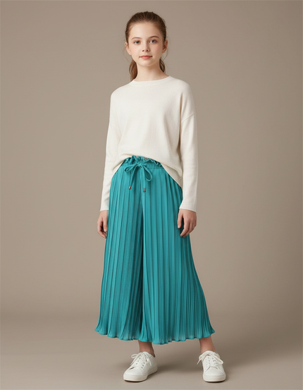 Pantalon À Pince Plissé Fluide Ample Turquoise Fille - Bleu Polyester