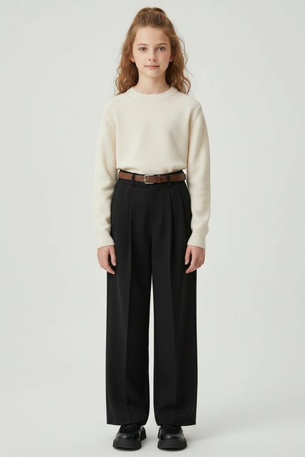 Pantalon À Pince Noir Ample Plissé Élégant Enfant - Polyester