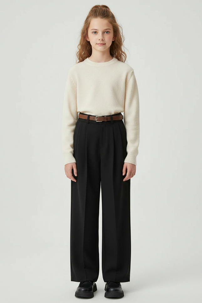Pantalon À Pince Noir Ample Plissé Élégant Enfant - Polyester