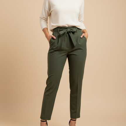 Pantalon À Pince Kaki Ceinturé Slim Chic - Gabardine