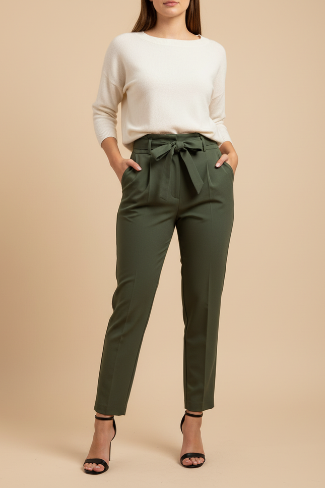 Pantalon À Pince Kaki Ceinturé Slim Chic - Gabardine