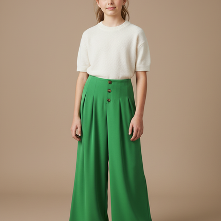 Pantalon À Pince Vert Plissé Fluide Taille Haute - Viscose